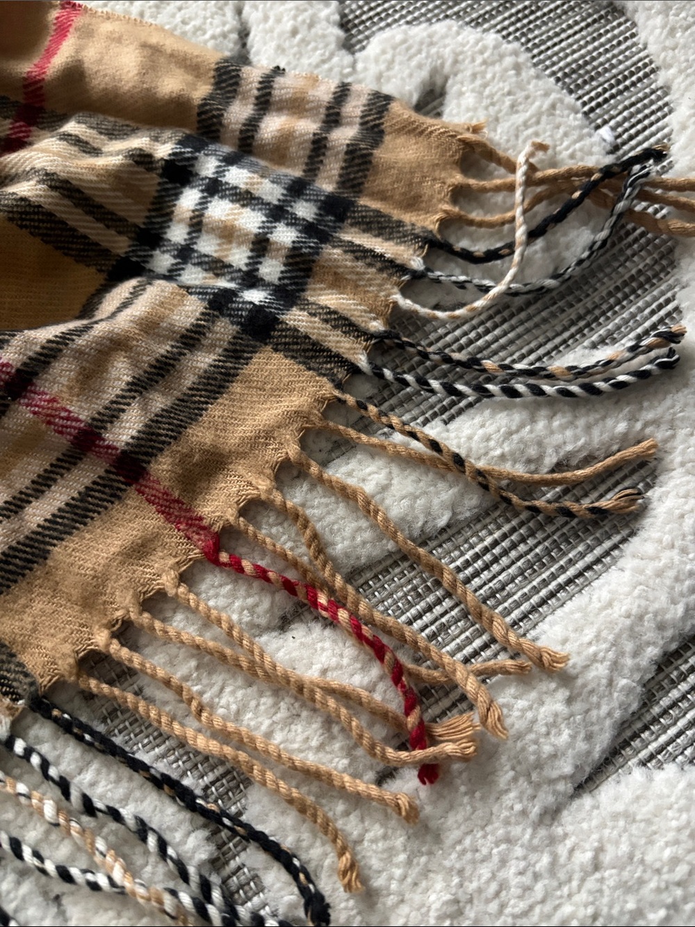 Tan Plaid Fringe Scarf with Classic Check - Picture 3 of 4